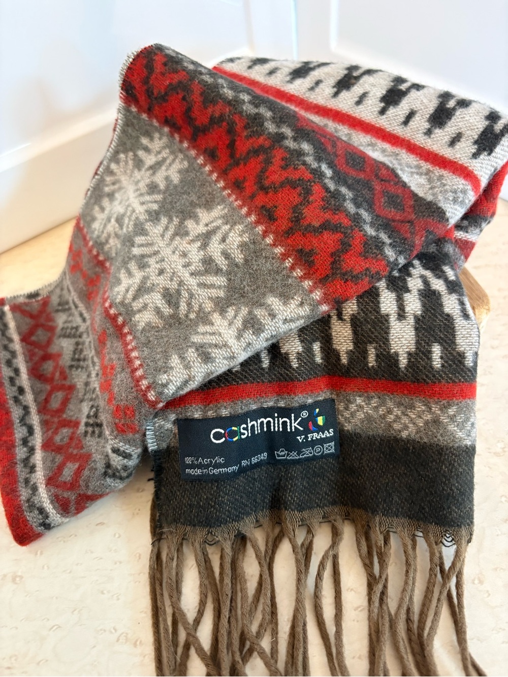 V. Fraas Cashmink Nordic Pattern Scarf in Gray, Red, Brown